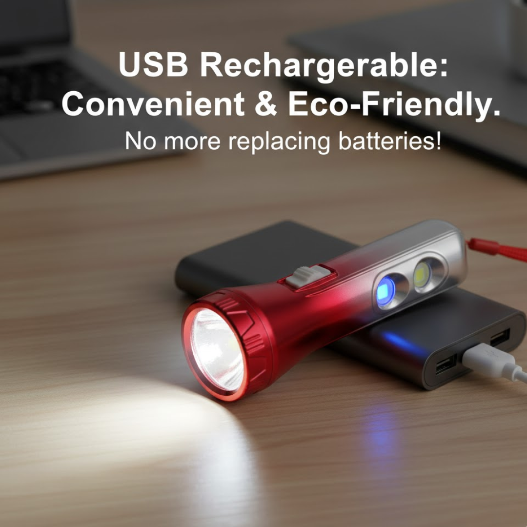 USB rechargeable LED torchlight demonstrating its charging port.