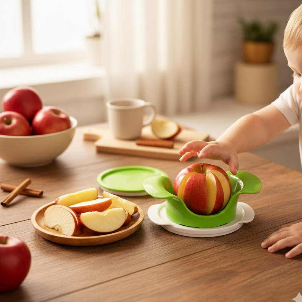 Compact apple cutter with ergonomic handles and container for storage
