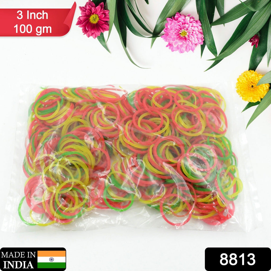 Durable, reusable rubber bands in assorted colors for office and home use.