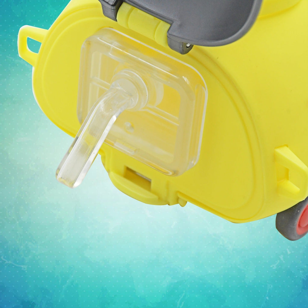 Side view of the portable bug shaped kids water bottle with an adjustable strap.