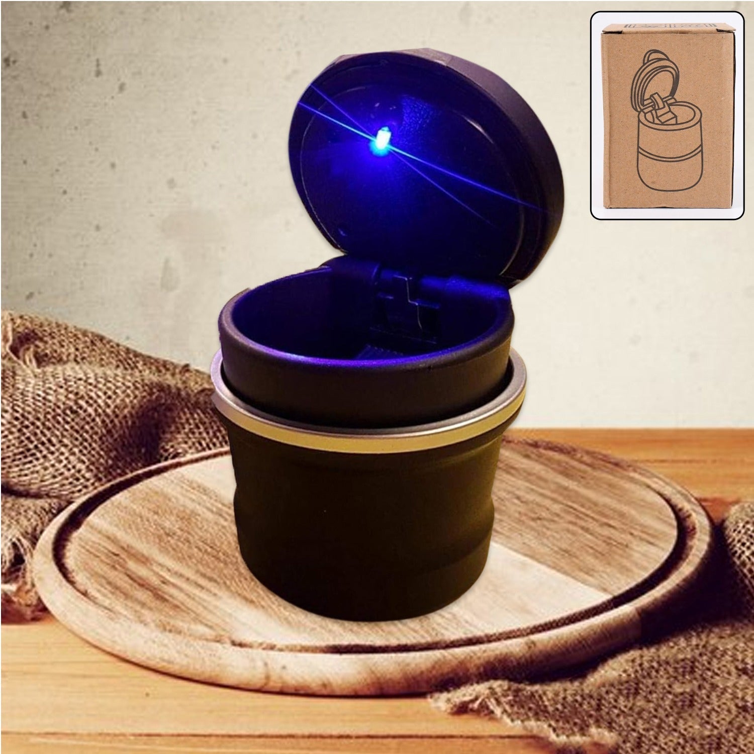 Smokeless car ashtray showing smoke diffuser and closed lid