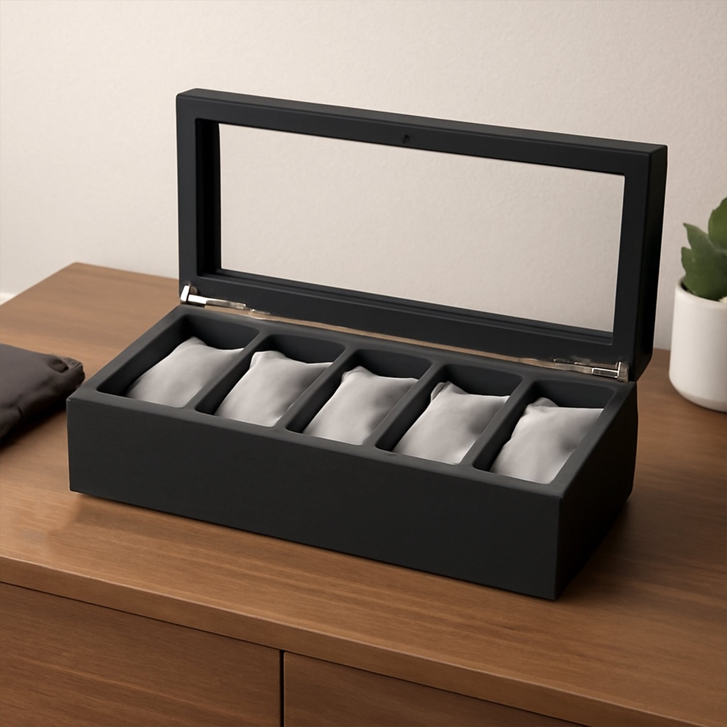 Multi-function jewellery storage box with earring and ring compartments under transparent lid