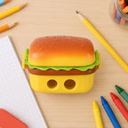 Front view of burger sharpener with double hole and attached eraser for kids