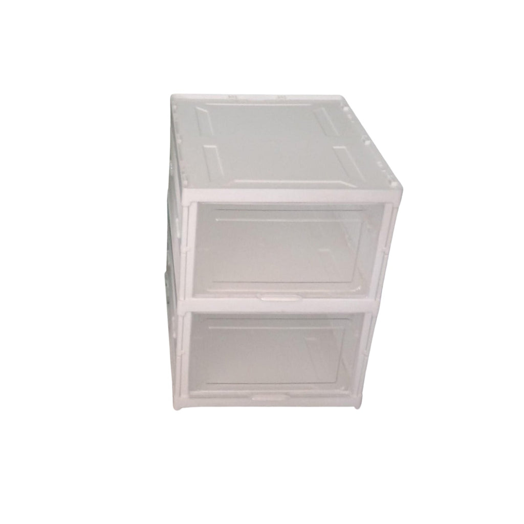 A white two-layer stackable storage rack, perfect for organizing clothes or kitchen items.