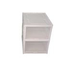 A white two-layer stackable storage rack, perfect for organizing clothes or kitchen items.