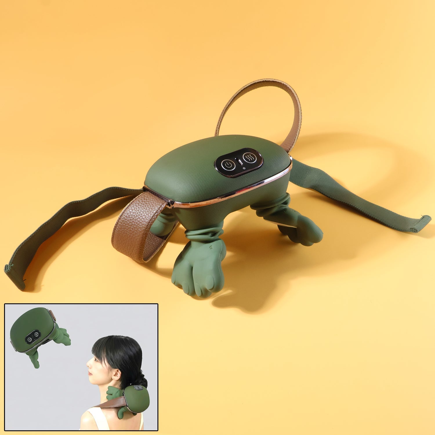 Neck and shoulder massager illustrating active heating function feature