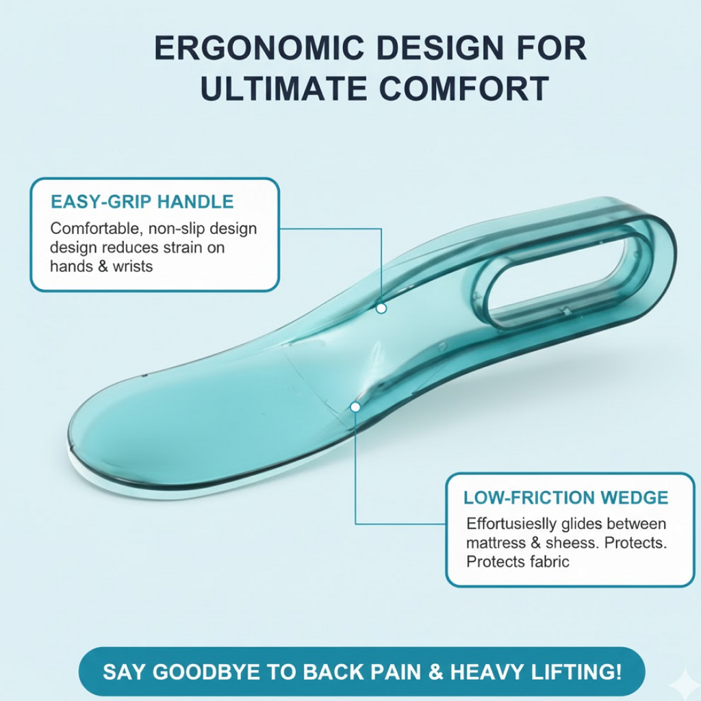 Close-up of the ergonomic handle of the mattress lifting tool.