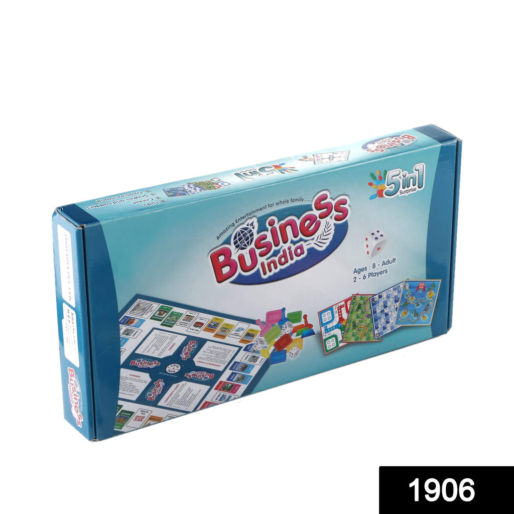Aditi 5-in-1 Business Board Game for Kids packaging box with contents shown.