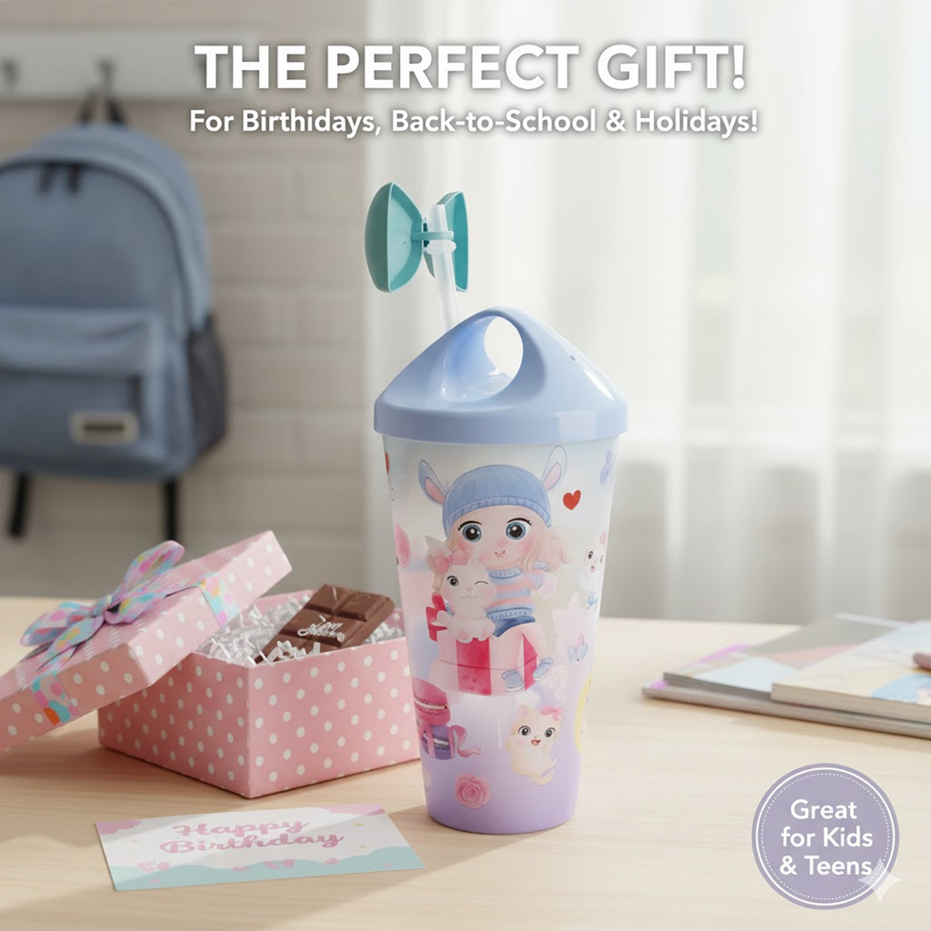 Close-up of the Unicorn Kids Water Bottle's spill-proof straw and easy-to-use lid.