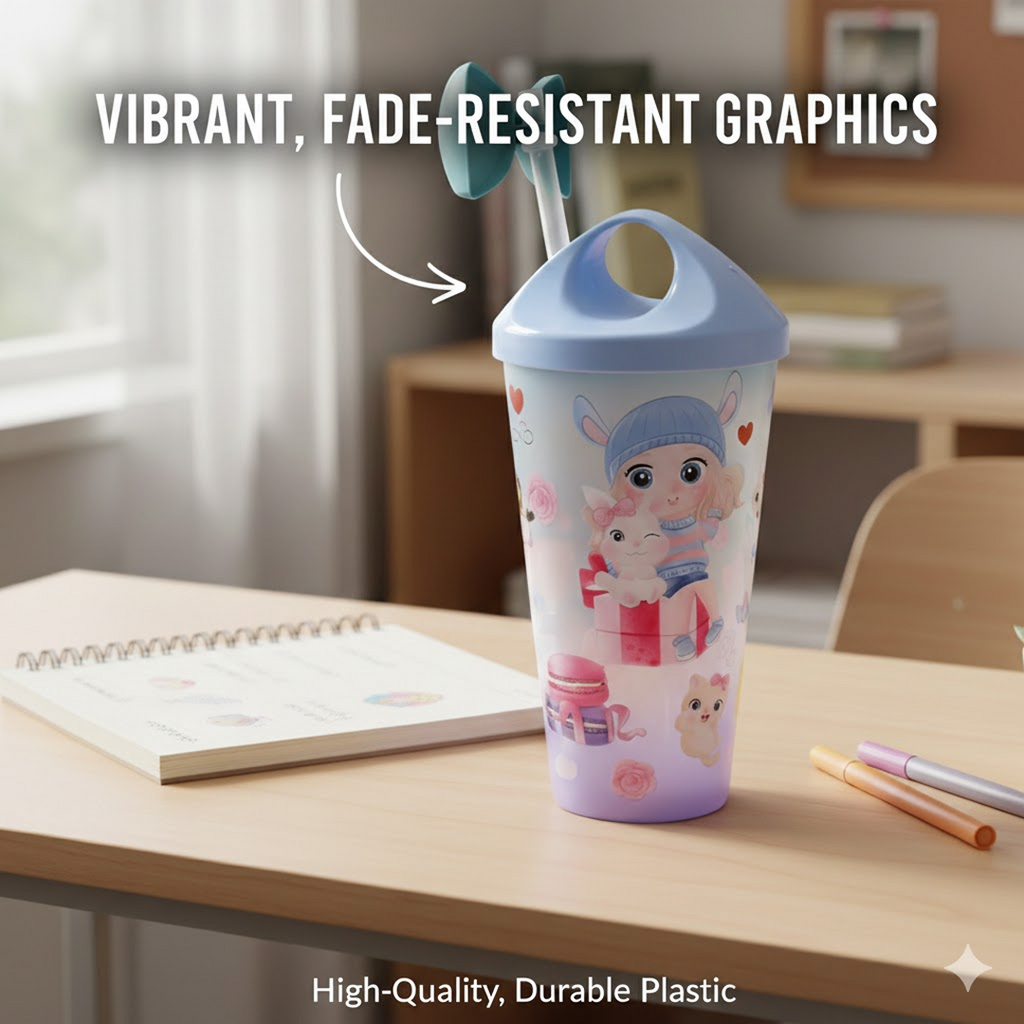 Unicorn Kids Water Bottle with spill-proof straw lid, featuring a magical design.