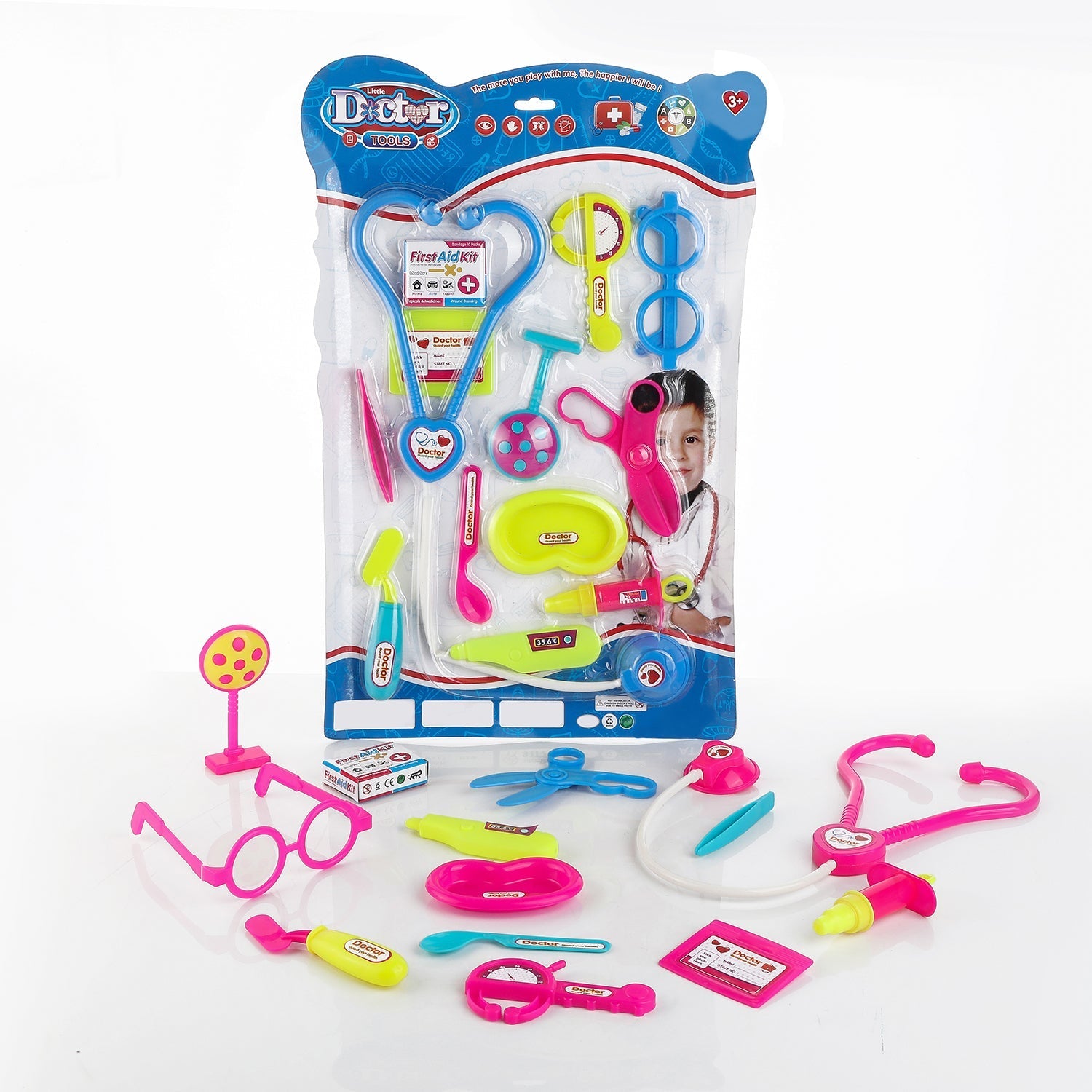 Assorted vibrant medical instruments from the children's doctor set, ready for play.
