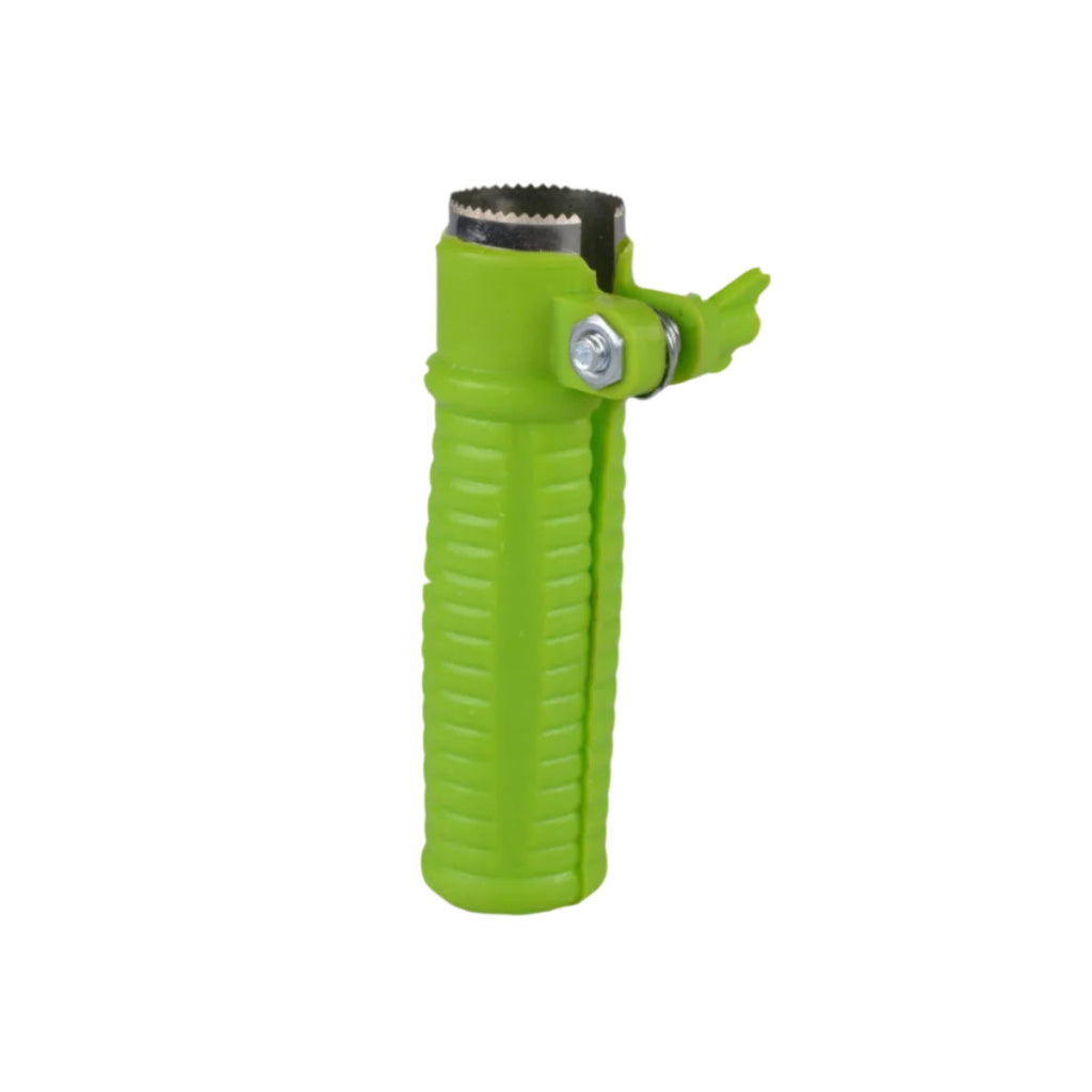 Adjustable plastic corn cutter with sharp stainless steel blades for effortless kernel removal.