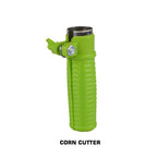 Durable plastic corn cutter with stainless steel blades, ready for daily kitchen tasks.