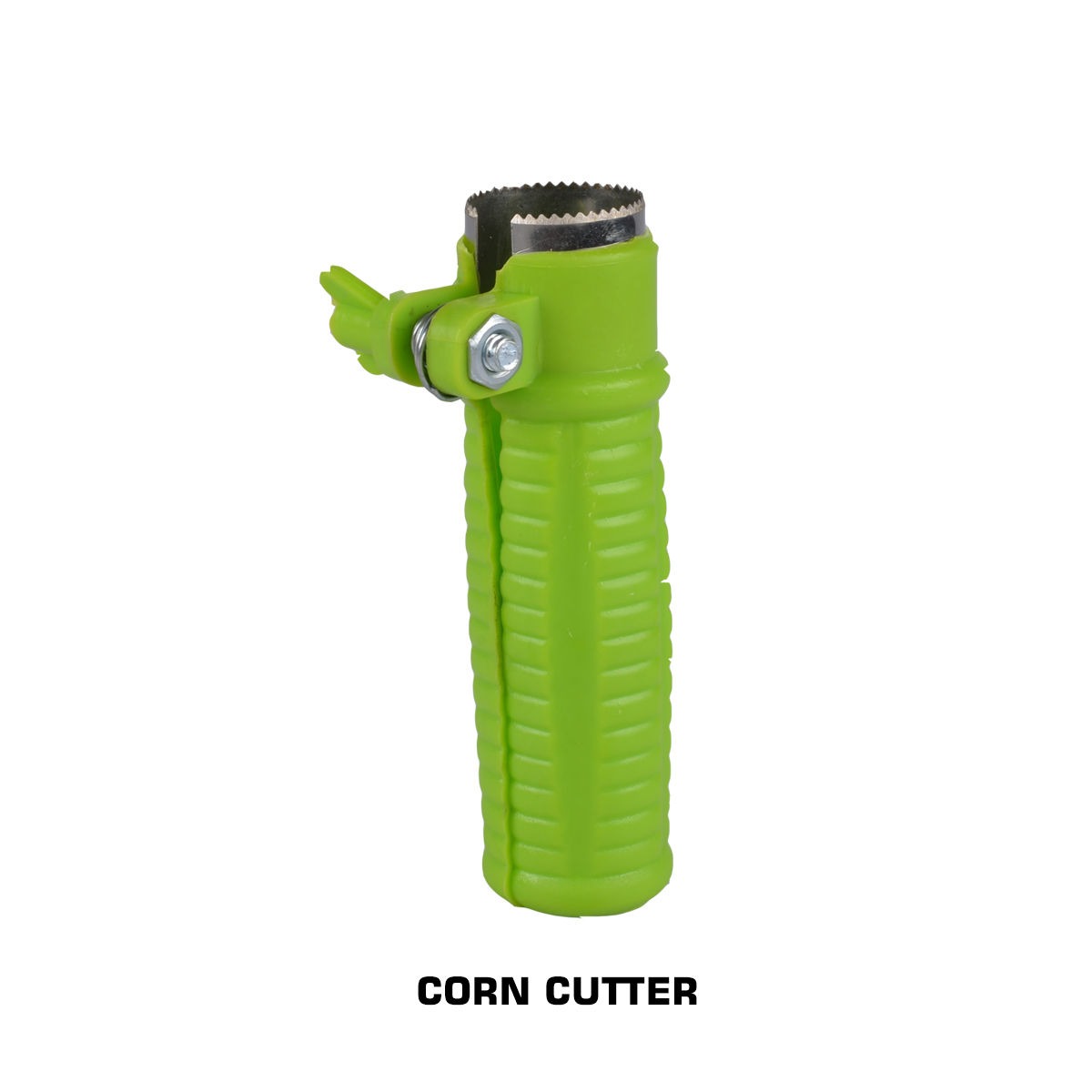 Durable plastic corn cutter with stainless steel blades, ready for daily kitchen tasks.
