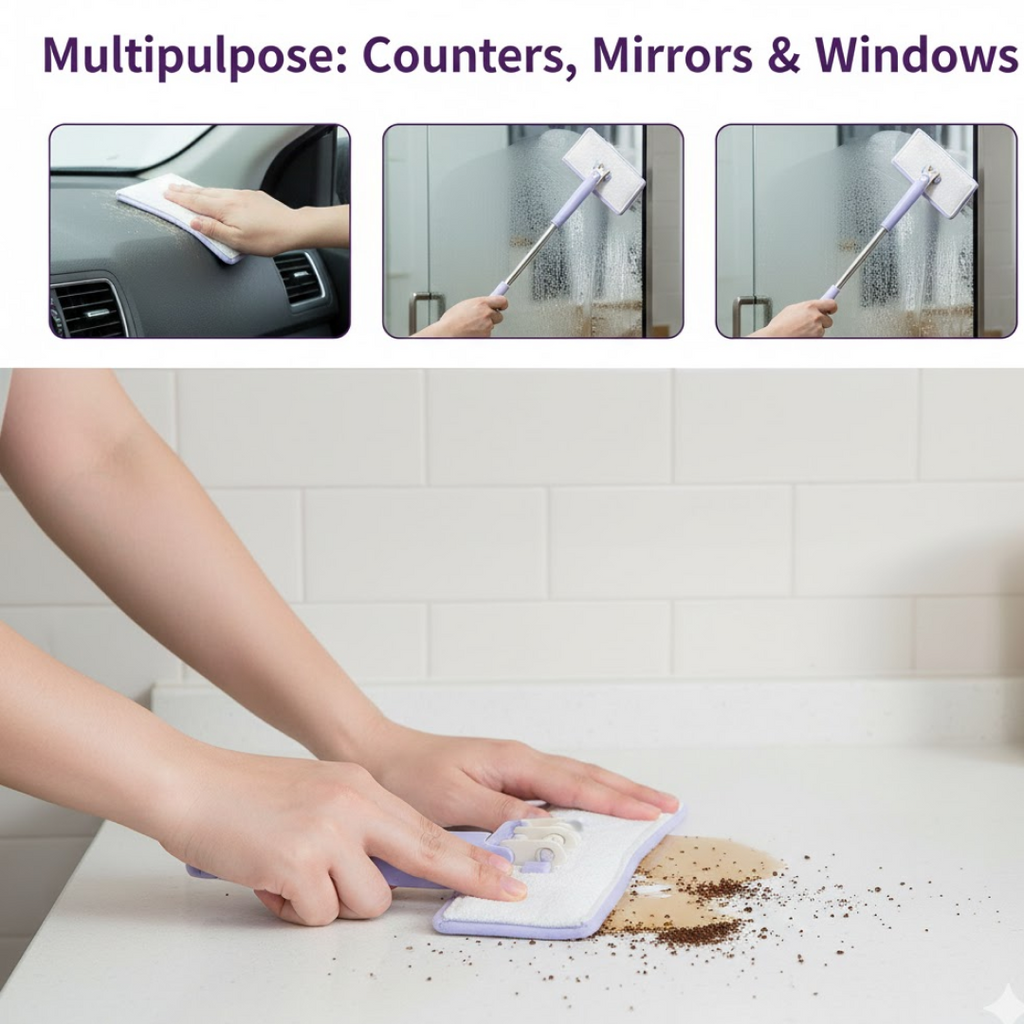Compact mini mop effectively cleaning a bathroom wall surface.