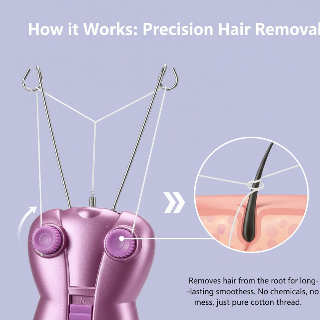 Woman demonstrating easy grip of facial hair removal device.