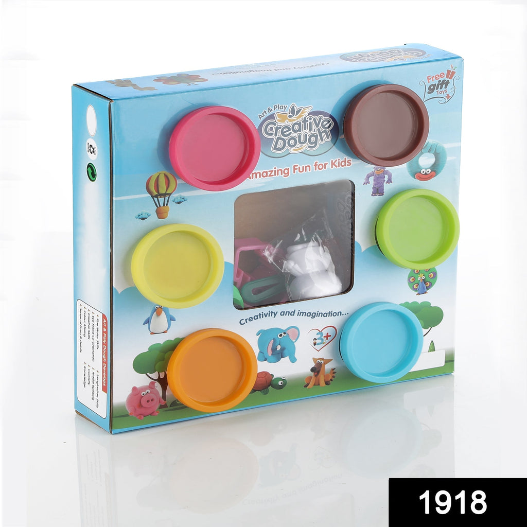 Close-up of a non-toxic play dough kit, showing 5 different colours and various moulds.