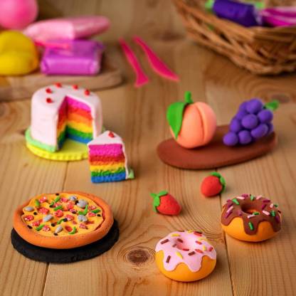 Kids clay set with non-toxic play dough, showing multiple colours and mould shapes.