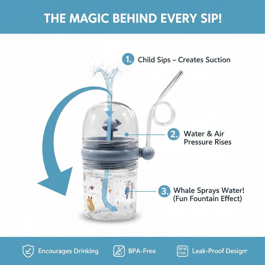 Close-up of the Whale Spray Sippy Cup's top, highlighting the spill-proof straw and whale blowhole.