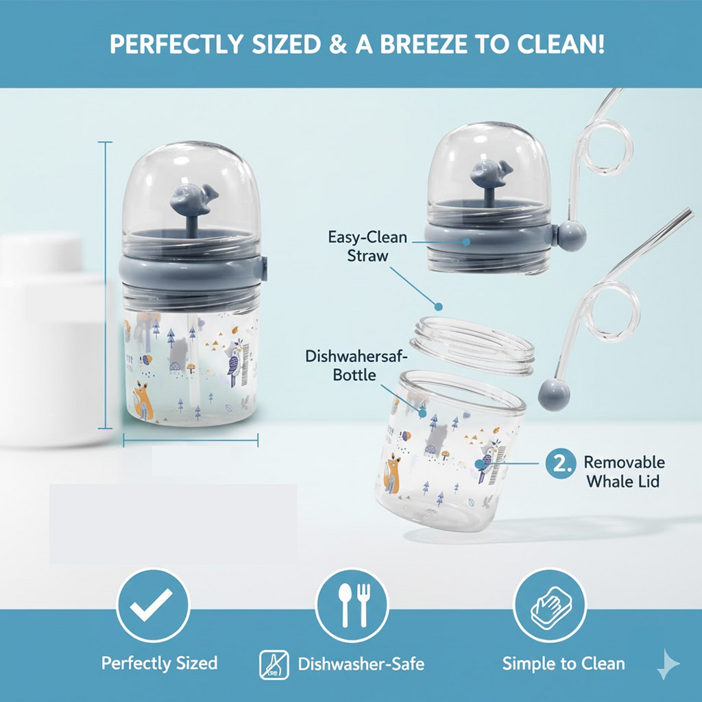 Demonstration of the Whale Spray Sippy Cup's spill-proof design, perfect for active toddlers.