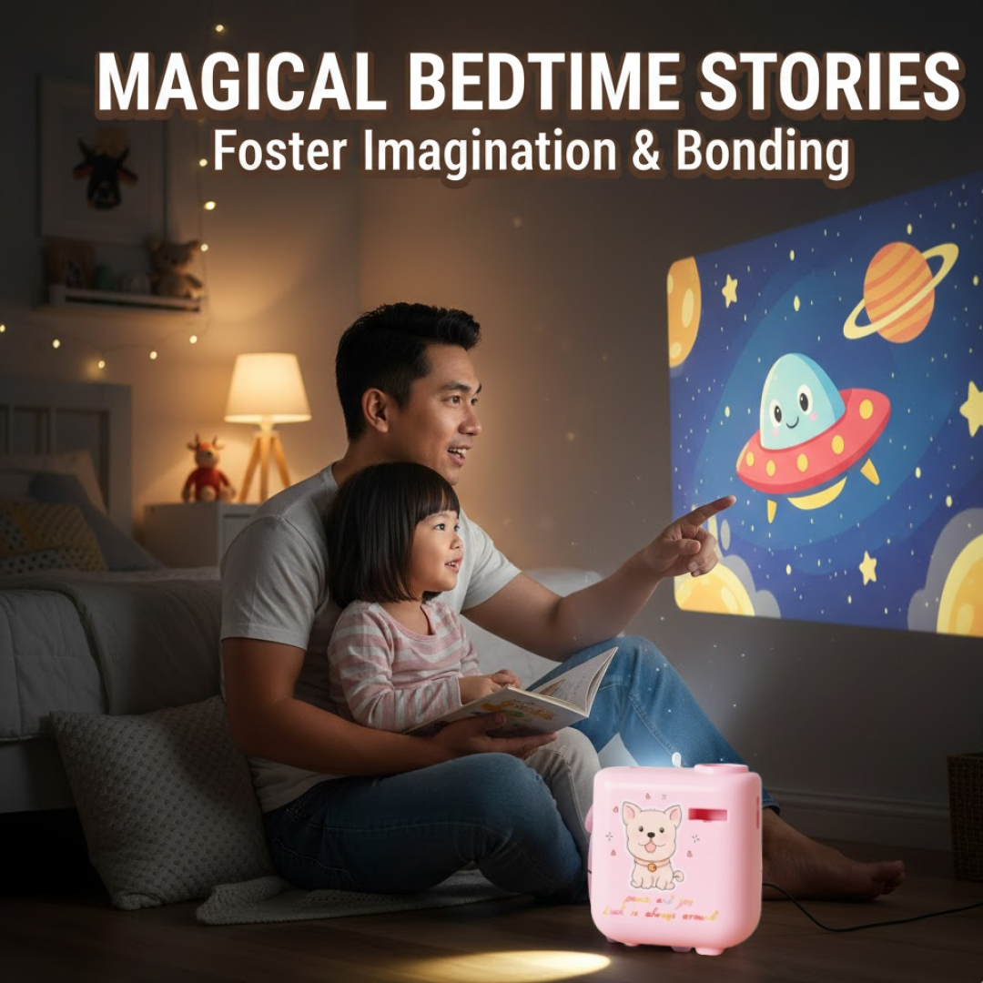 Bright, colorful projections from the birthday projector creating a lively party atmosphere.