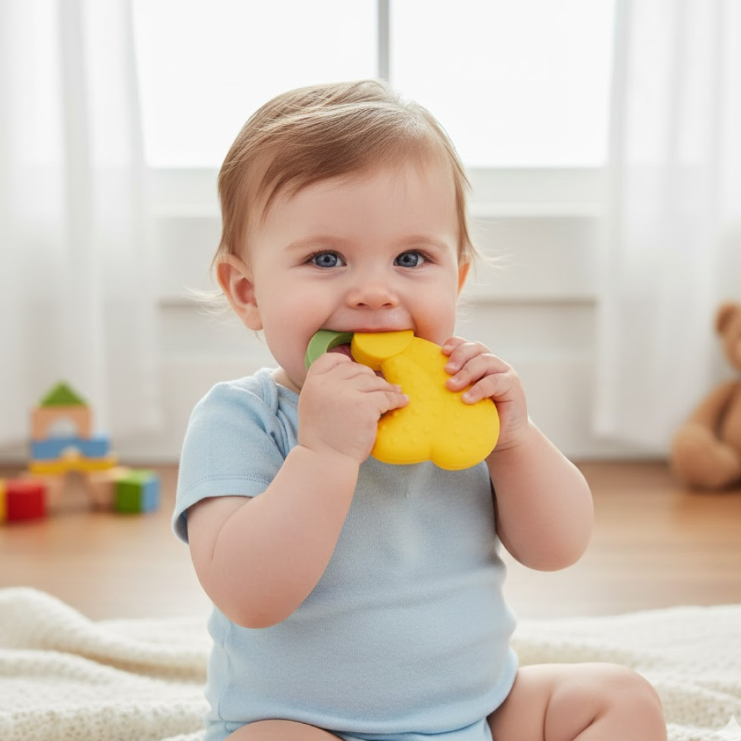 A happy baby holding and chewing on the ergonomic banana fruit teether, finding comfort.