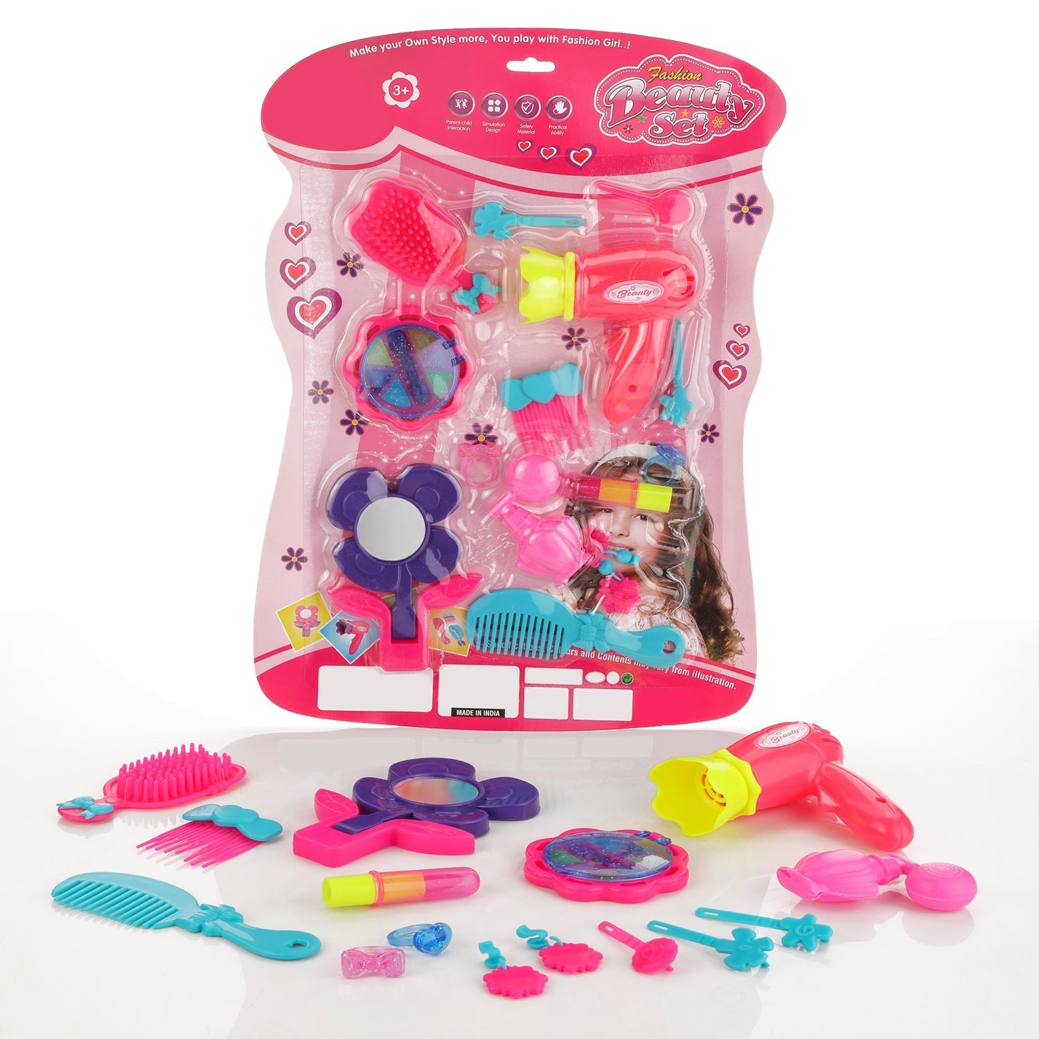 Girls' multicolour beauty suitcase with pretend makeup accessories.