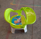 Collection of colorful plastic feeding chairs for toddlers, available in various bright shades.