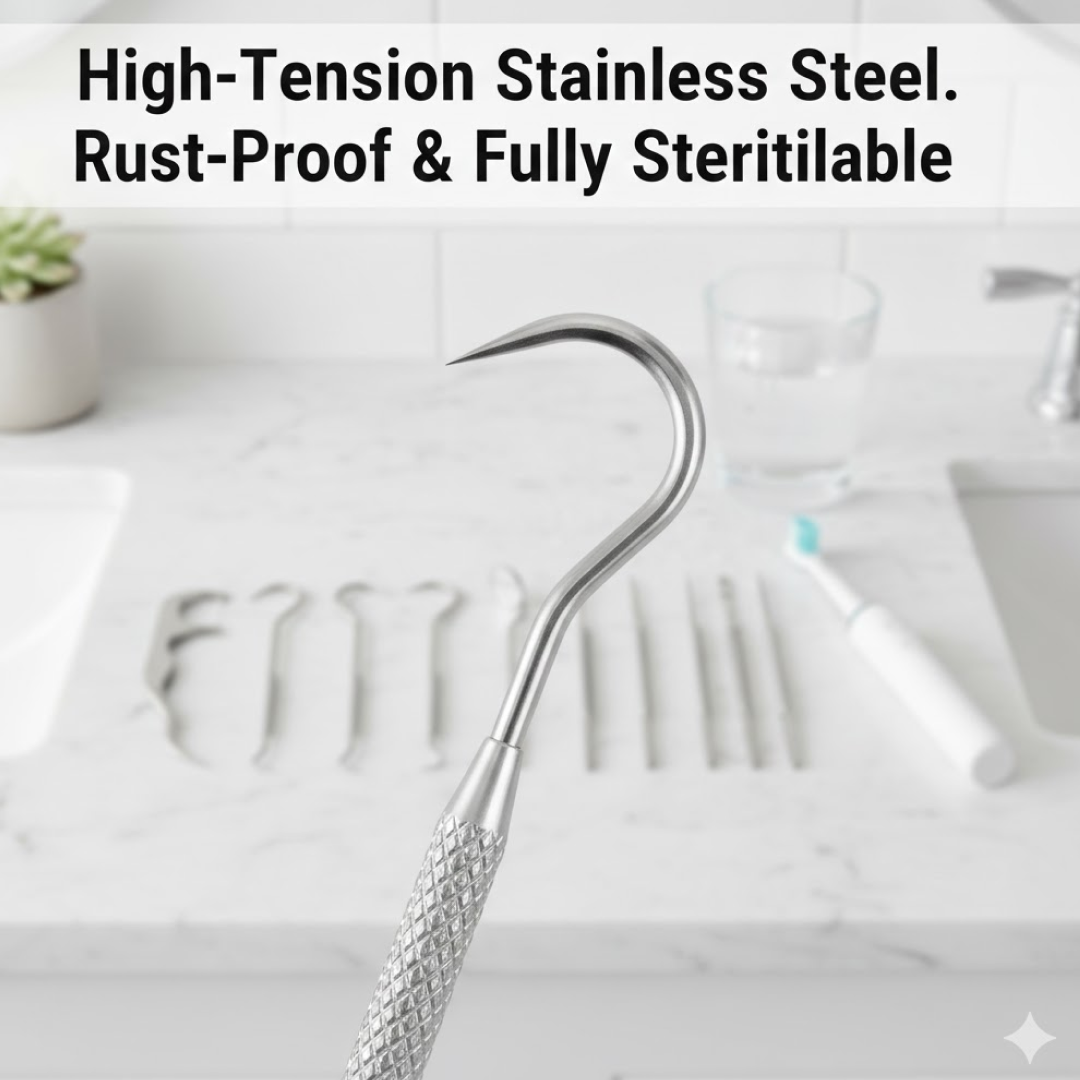 Close-up of the varied tips of the stainless steel toothpicks for thorough cleaning.