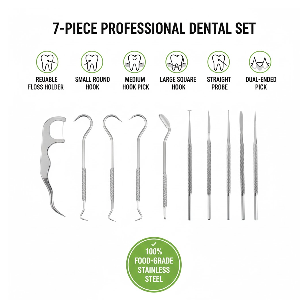 Detailed view of the reusable stainless steel floss pick, showcasing its design.