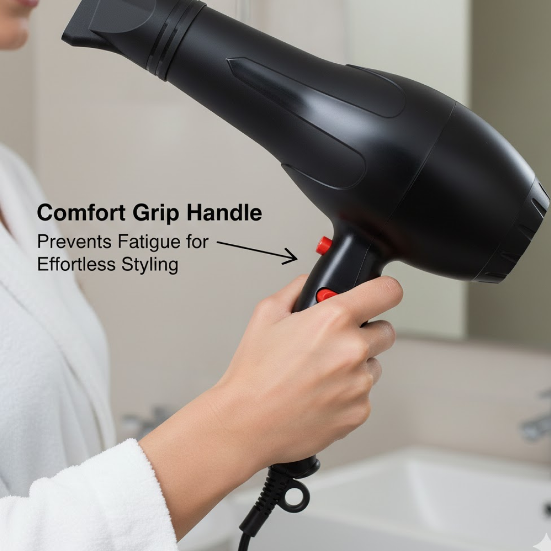 Ergonomic design of the professional hair dryer, highlighting controls.