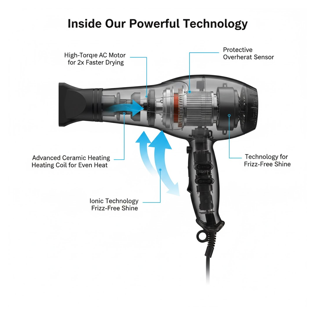 Side view of the 1800W hair dryer with detachable concentrator nozzle.