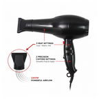 Close-up of the hair dryer's 2 speed and 3 heat settings controls.