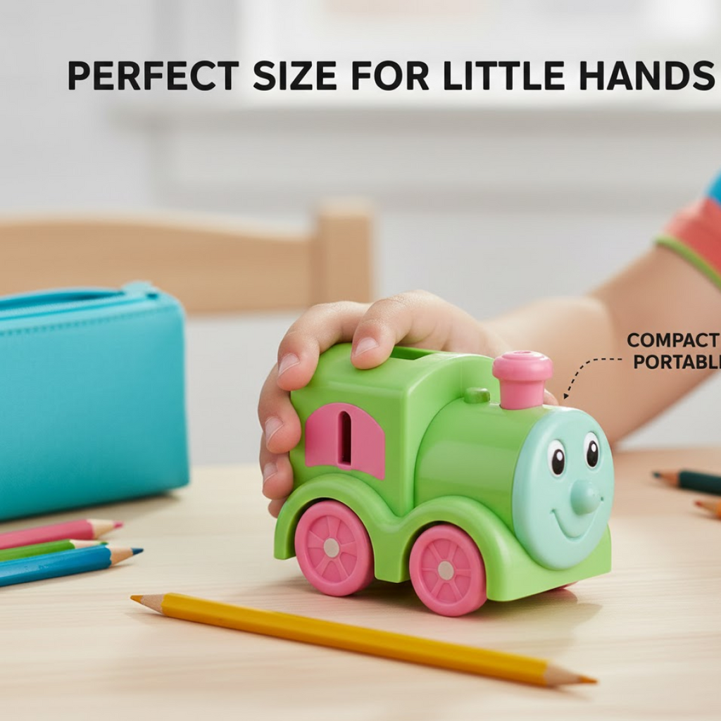 Close-up of dual pencil sharpening holes in Thomas the Tank Engine sharpener