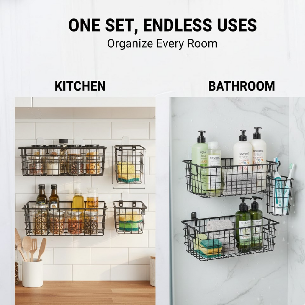 Black metal shower basket with multiple compartments for shampoo and soap storage