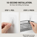 Close-up of black metal adhesive shower shelf with hooks for bathroom essentials