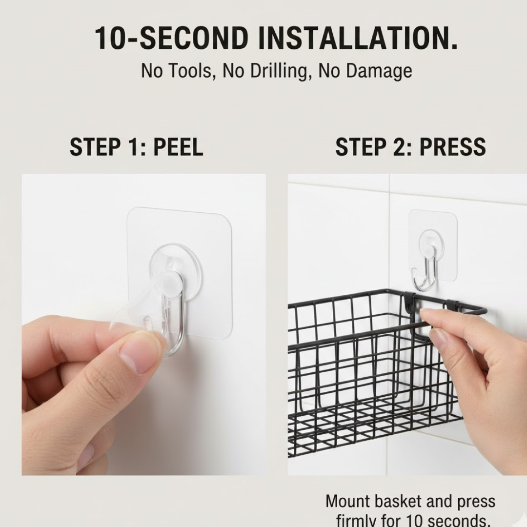 Close-up of black metal adhesive shower shelf with hooks for bathroom essentials