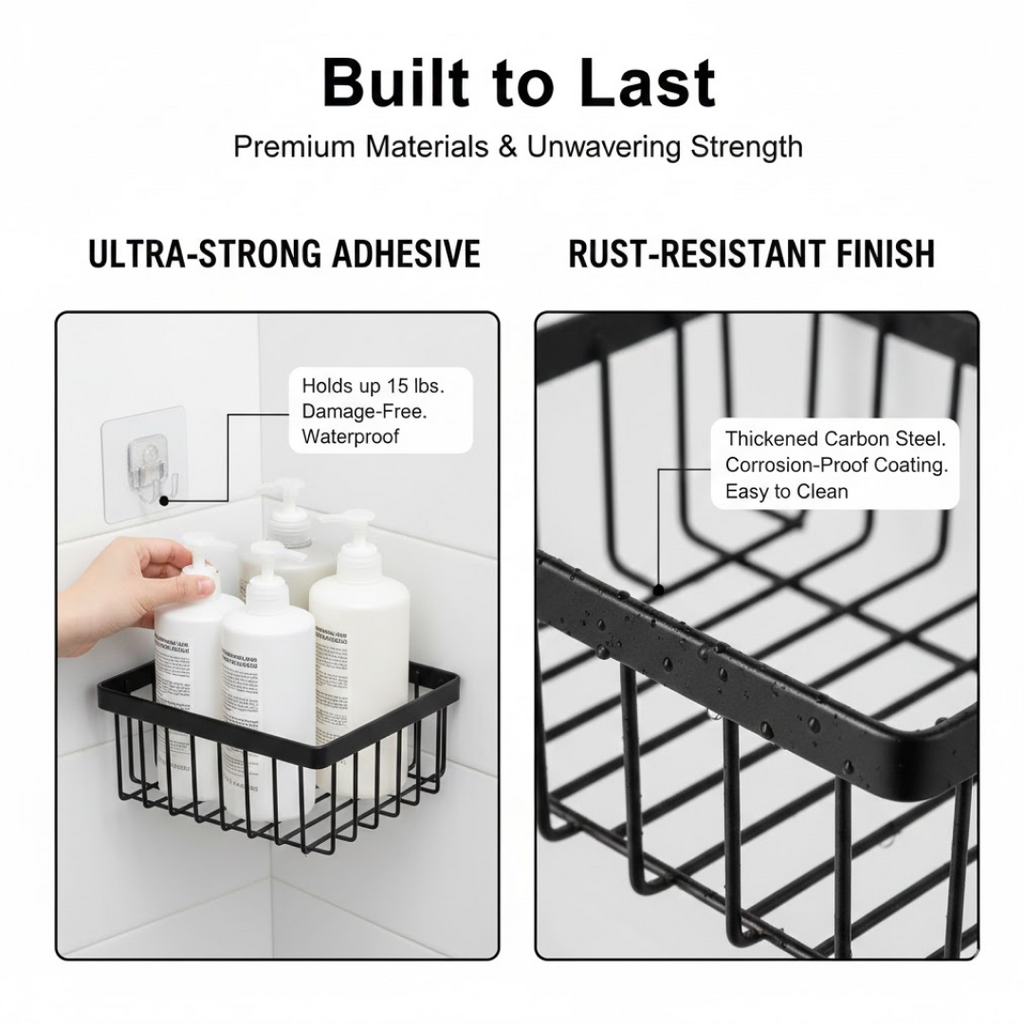 Side view of metal bathroom caddy showing rust-resistant coating and sturdy build