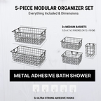 Set of five adhesive metal shower caddies easy to install without drilling