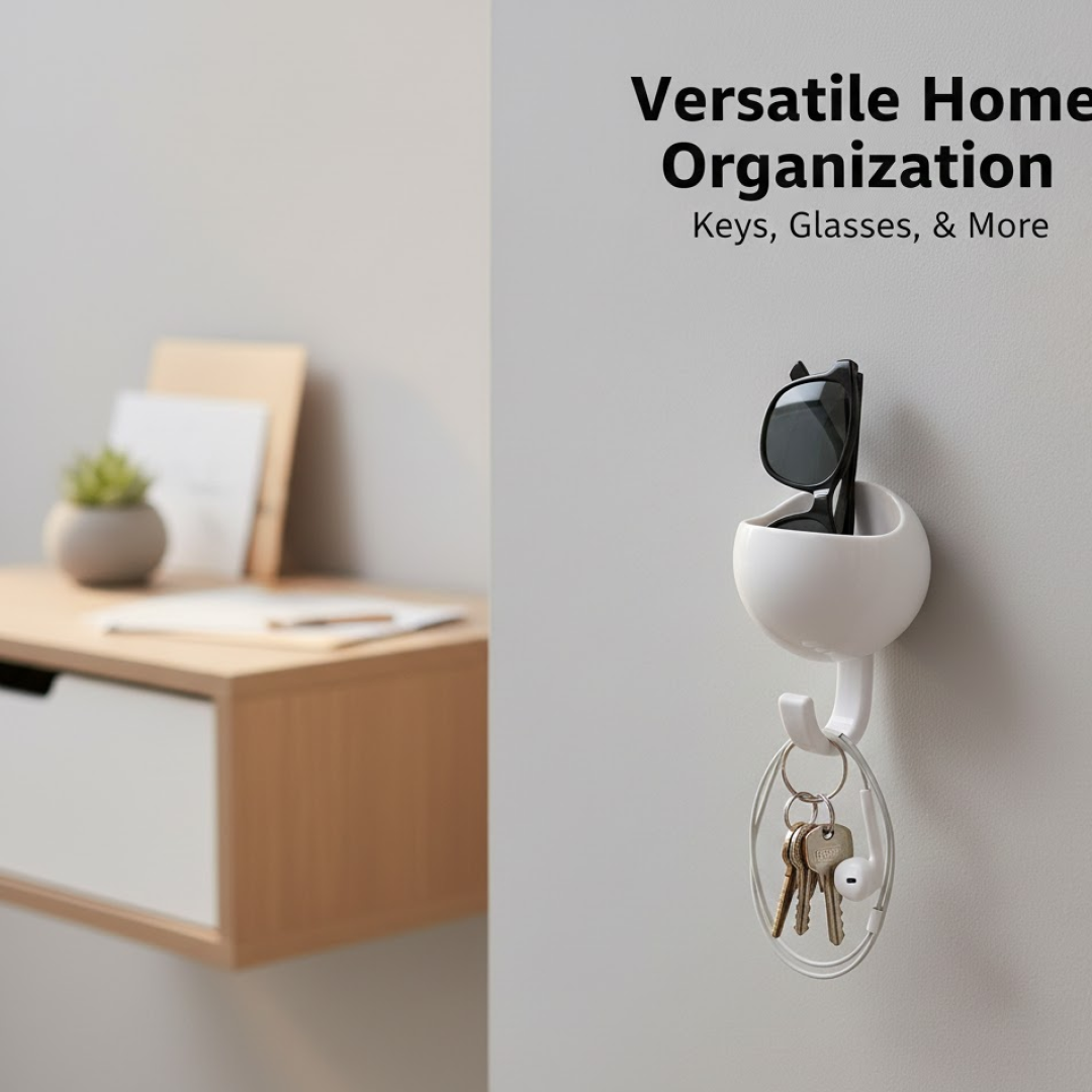 Self-adhesive strong wall hooks for hanging keys, towels, and accessories.
