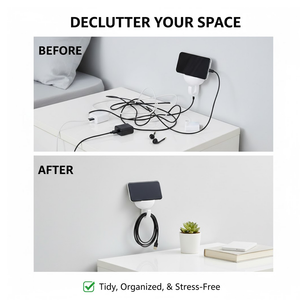 Self-adhesive strong wall hook holding household items to keep space organized.
