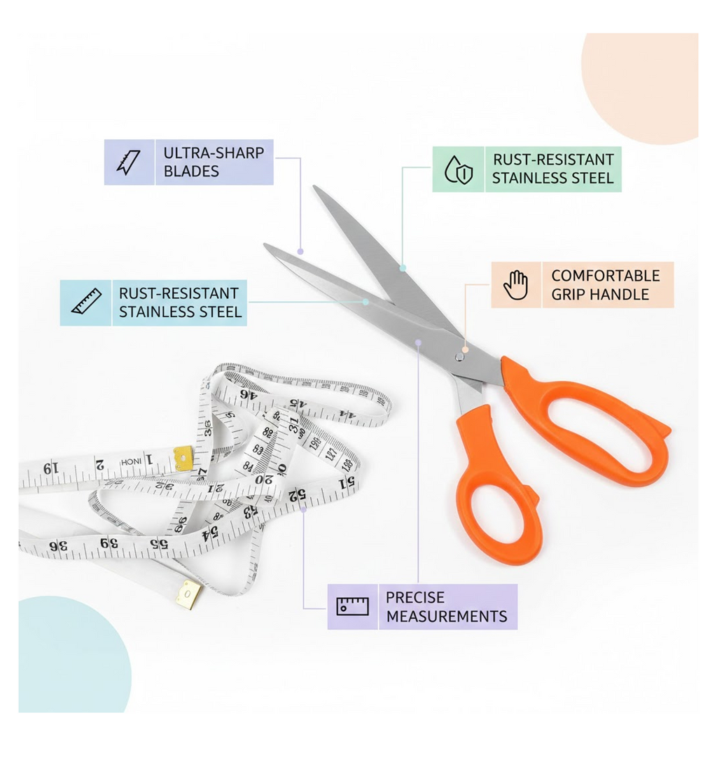 The bent handle design of the sewing scissors, allowing for flat material cutting on a surface.