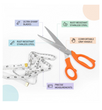 The bent handle design of the sewing scissors, allowing for flat material cutting on a surface.