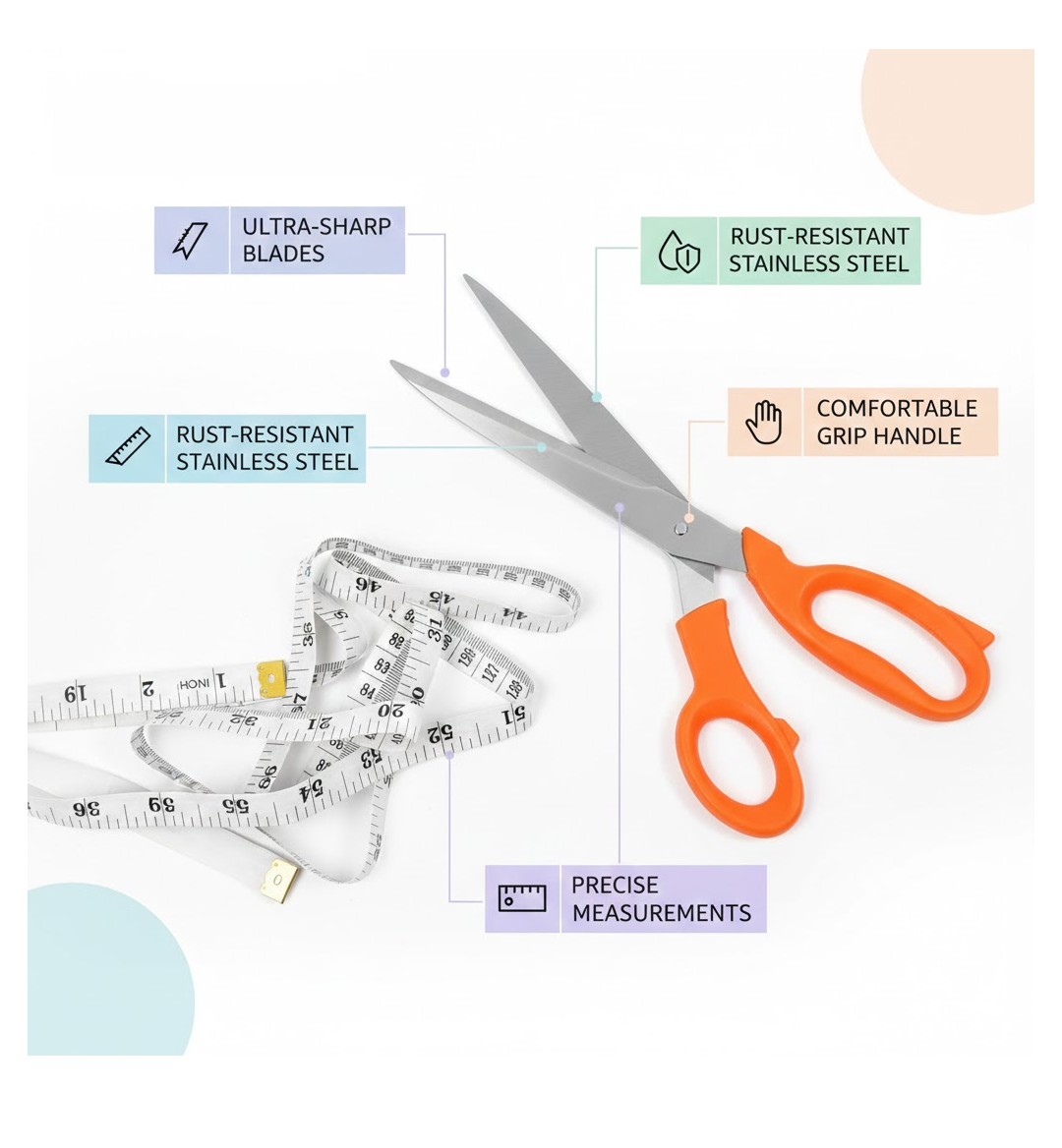 The bent handle design of the sewing scissors, allowing for flat material cutting on a surface.