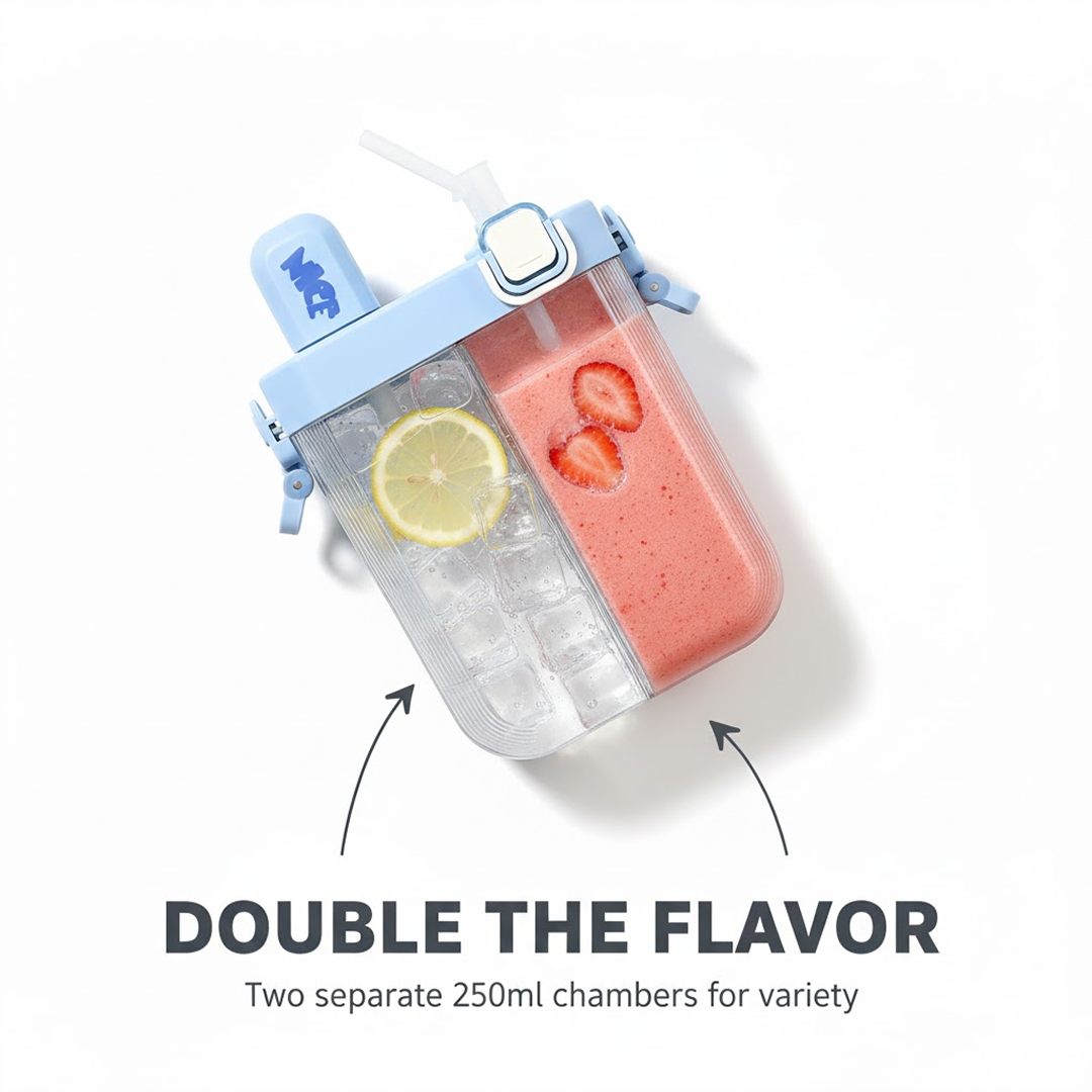 Side profile of the dual compartment water bottle, showcasing its sleek design.