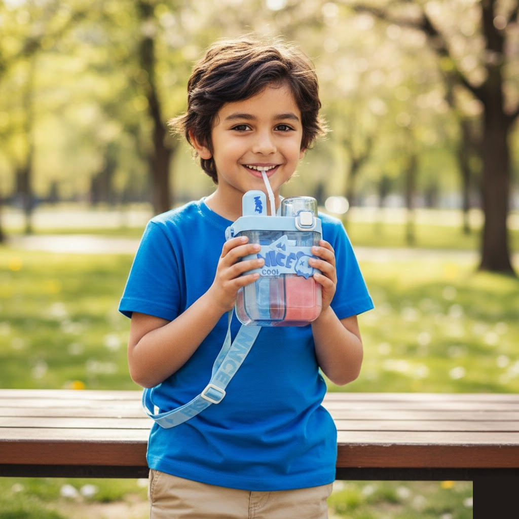 Front view of a colourful leak-proof kids bottle with adjustable strap.