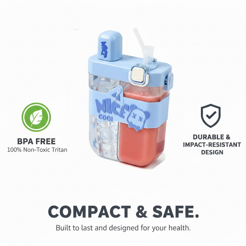 Kids Water Bottle with Dual Compartments on a school desk, ready for use.