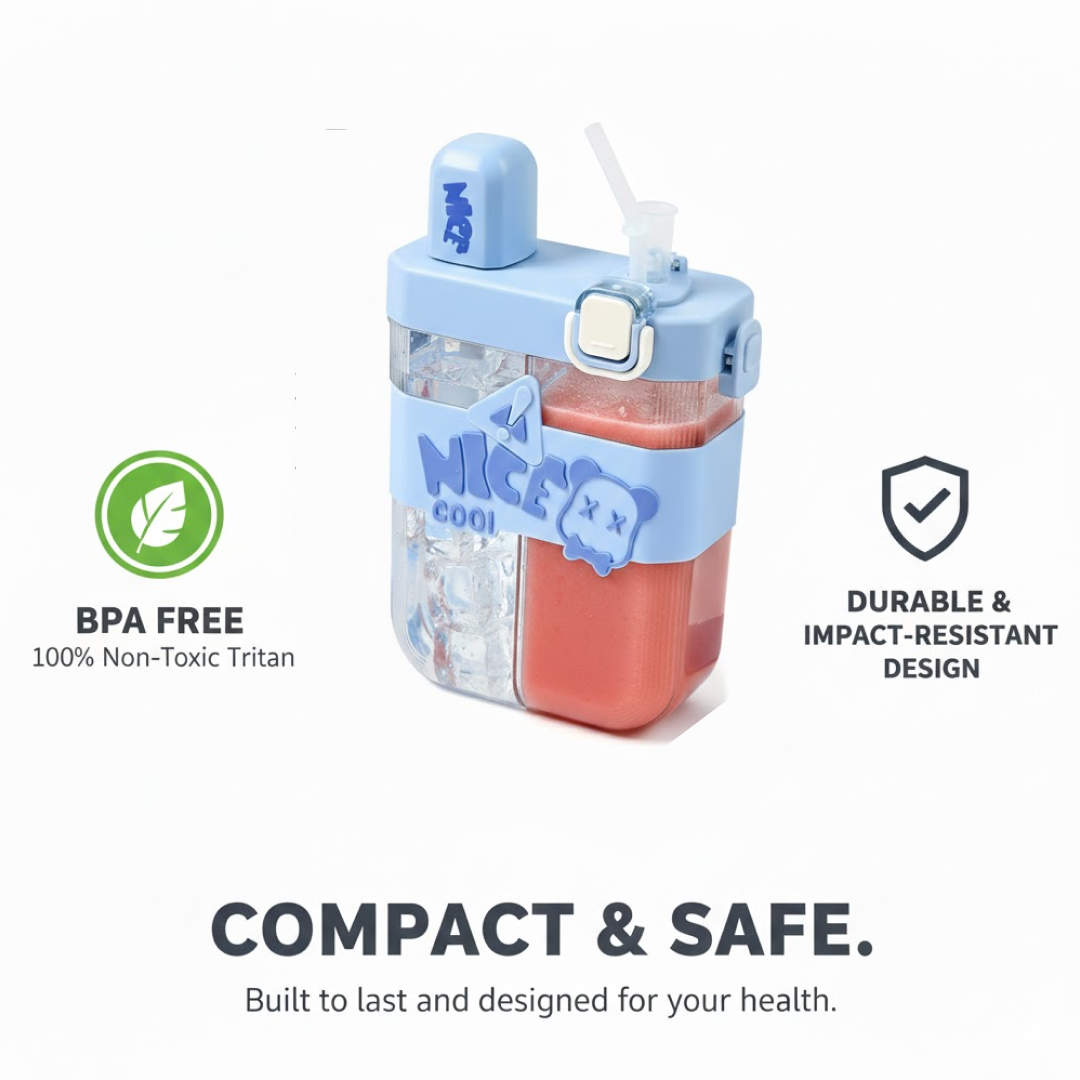 Kids Water Bottle with Dual Compartments on a school desk, ready for use.