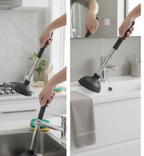 Illustration showing the powerful suction of the drain unblocker pump clearing a pipe.