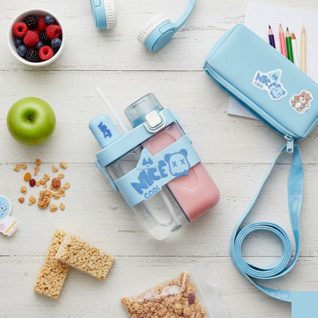 Close-up of the adjustable shoulder strap on the kids' school water bottle.